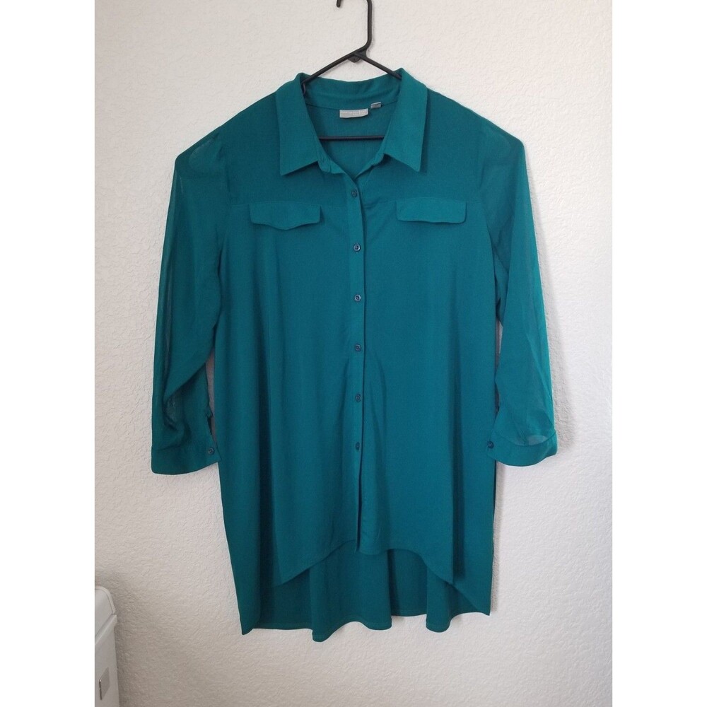 Susan Graver style PREMIER sheer sleeve top button up blouse turquoise Size 2XL